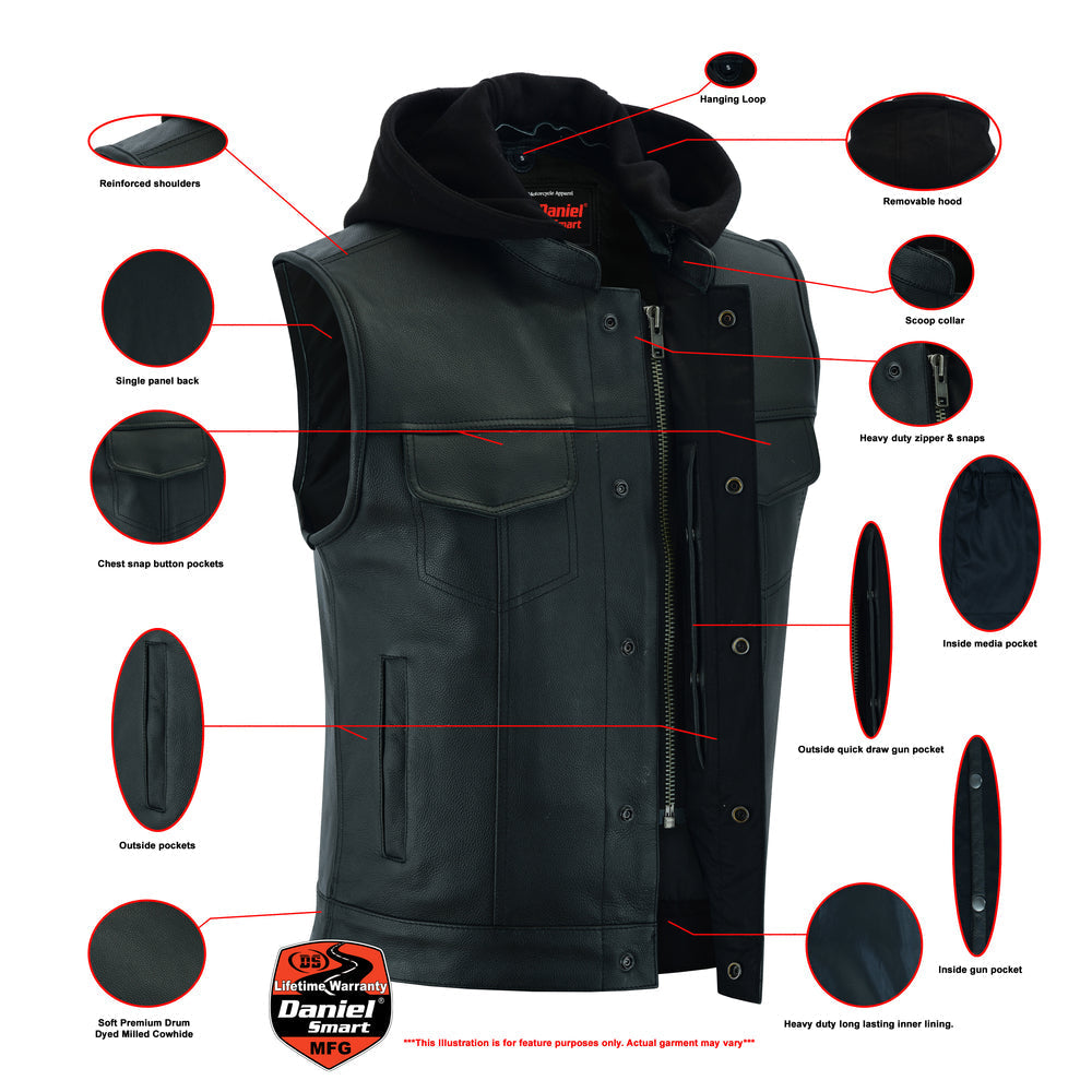 Men's Black Leather Motorcycle Vest with Removable Hood