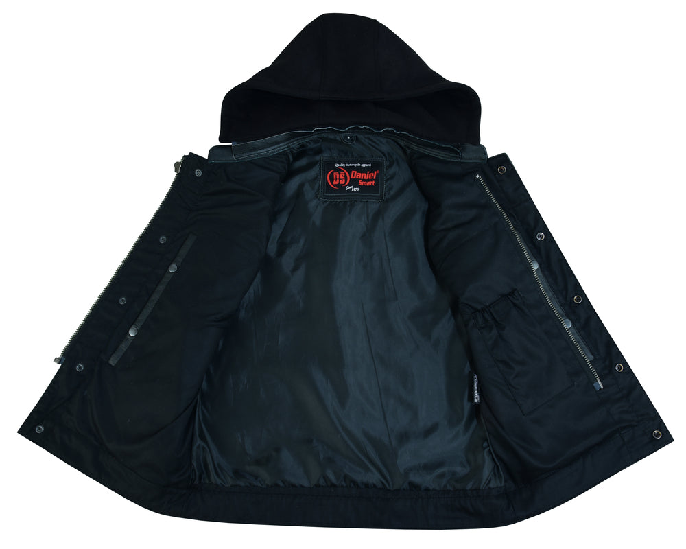 Men's Black Leather Motorcycle Vest with Removable Hood